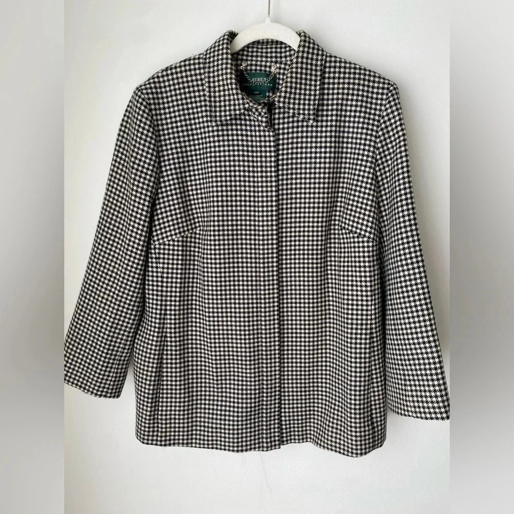Ralph Lauren Wool Jacket Women’s 14 W Houndstooth Coat Zip up Jacket Vintage
